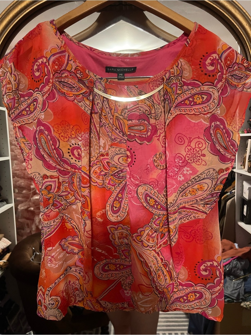 Sara Michelle Coral Pink & Orange Paisley Cap-Sleeve Blouse